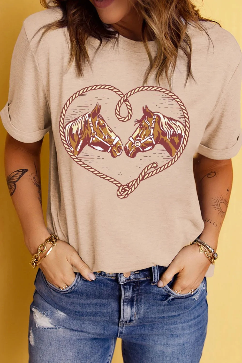 Women's T Shirt Heart Horses Rodeo Graphic Western Cowgirl Top Tees ee2801e7-abcf-4fd0-b460-a6d176056c4b-Max-Origin Trendsi