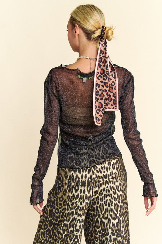 Glitter Mesh Black Top Sheer Davi & Dani USA Long Sleeve with Lettuce Hem ee28e982-4b03-4aa9-a175-47fc7b96c400-Max Trendsi