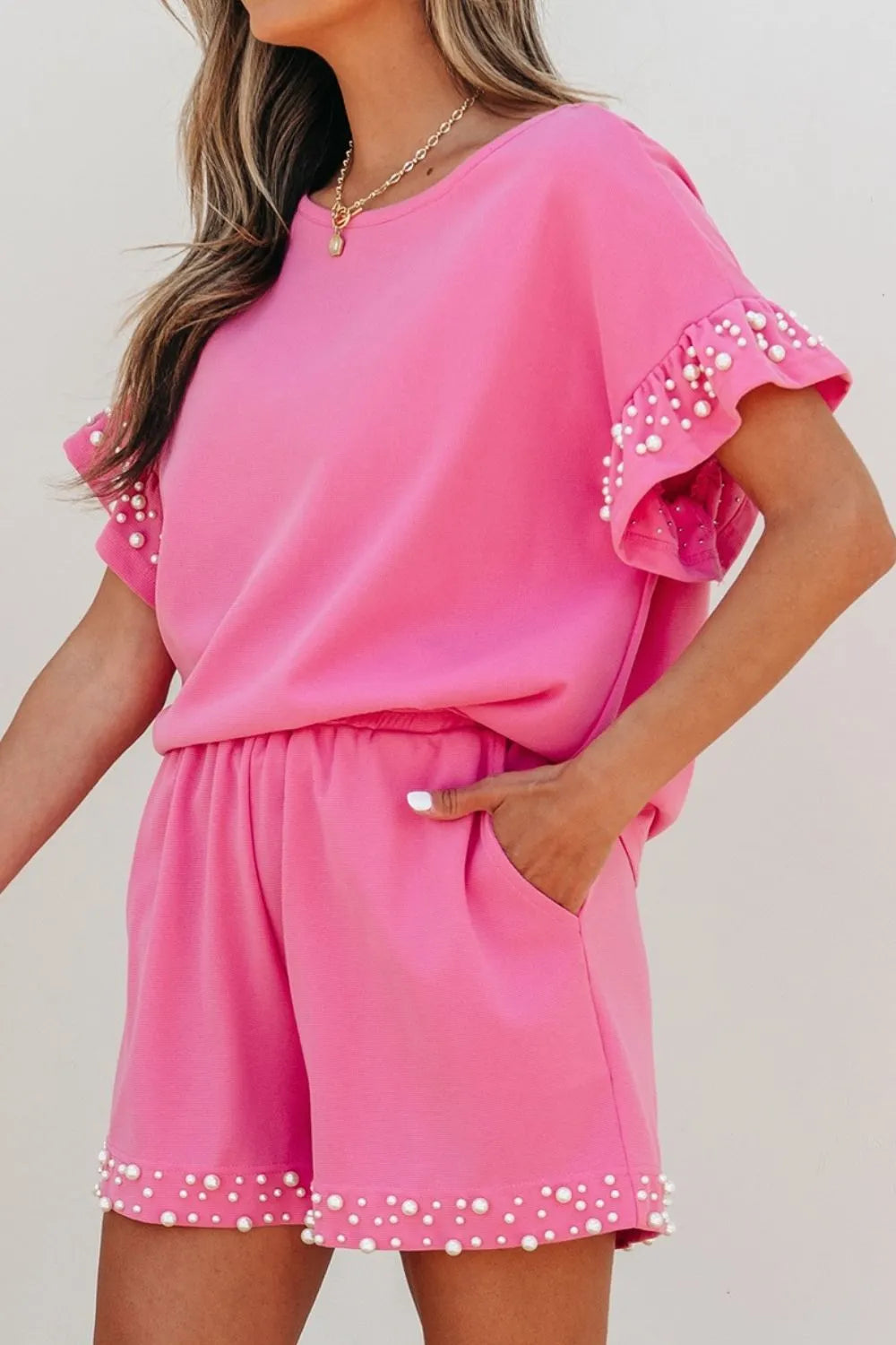 Outfit Set Pink Wpmen's Pearl Ruffled Embellished Top and Shorts Set ee29ddcd-29e8-4df6-ba99-c354ac0867c7-Max-Origin Trendsi