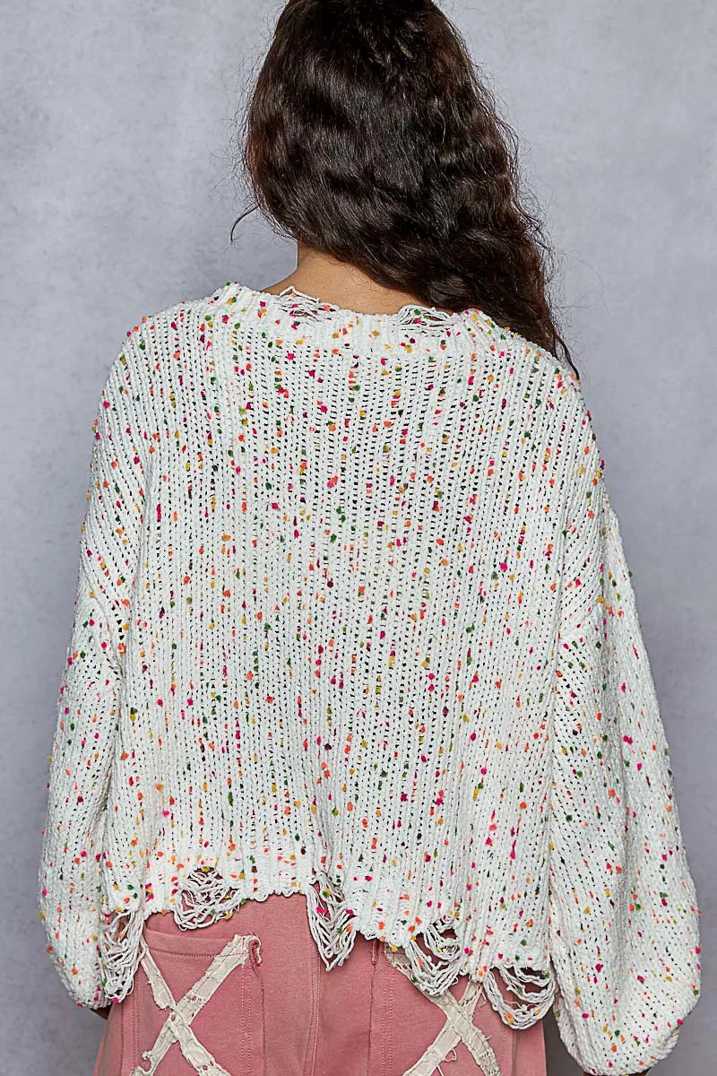 POL Sweater Knit White Pink Colorful Round Neck Fringed Distressed Hem ee35d6f9-a0f0-4c19-8422-6424d6249c22-Max-Origin Trendsi