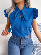 Women's Blouse Bow Tie Neck Ruffle Cap Short Sleeve Top ee36f9ab-235a-4cf9-b24a-ad71c872bab0-Max-Origin Trendsi