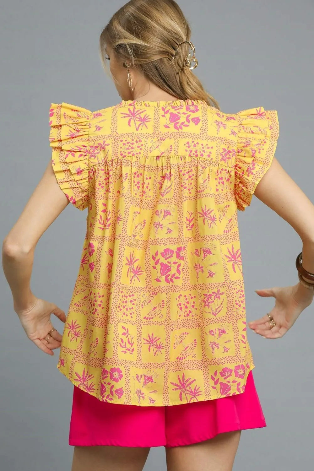 Umgee Blouse Sherbet Yellow Floral Printed Ruffle Cap Short Sleeve Top ee38cfb3-5e7a-446a-8352-6743cd53eb61-Max-Origin Trendsi