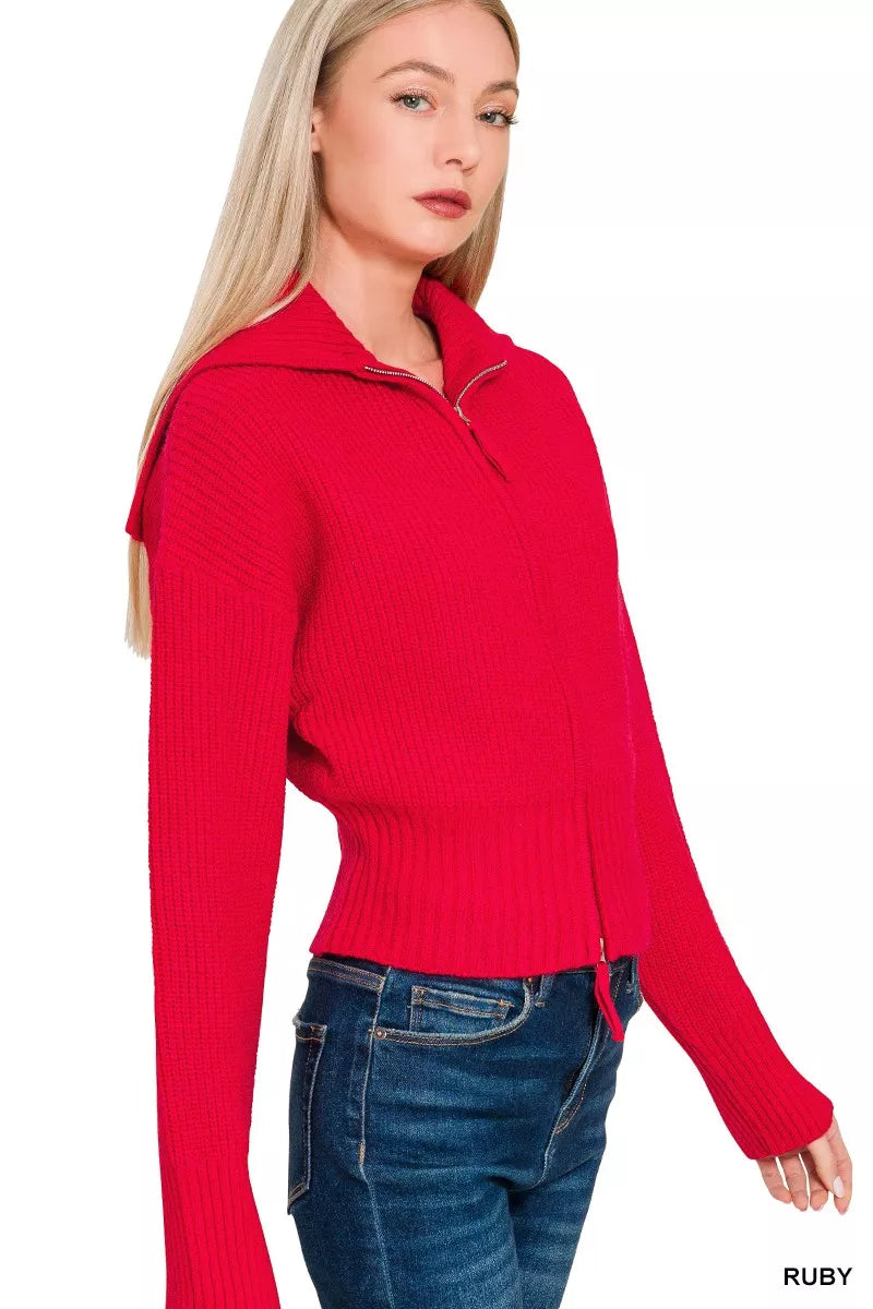 Zenana Sweater Cardigan Ruby Red Ribbed Collared Zip Up ee3c3a4adb54407c9e333c5f6970f3ce-Max-Origin Trendsi
