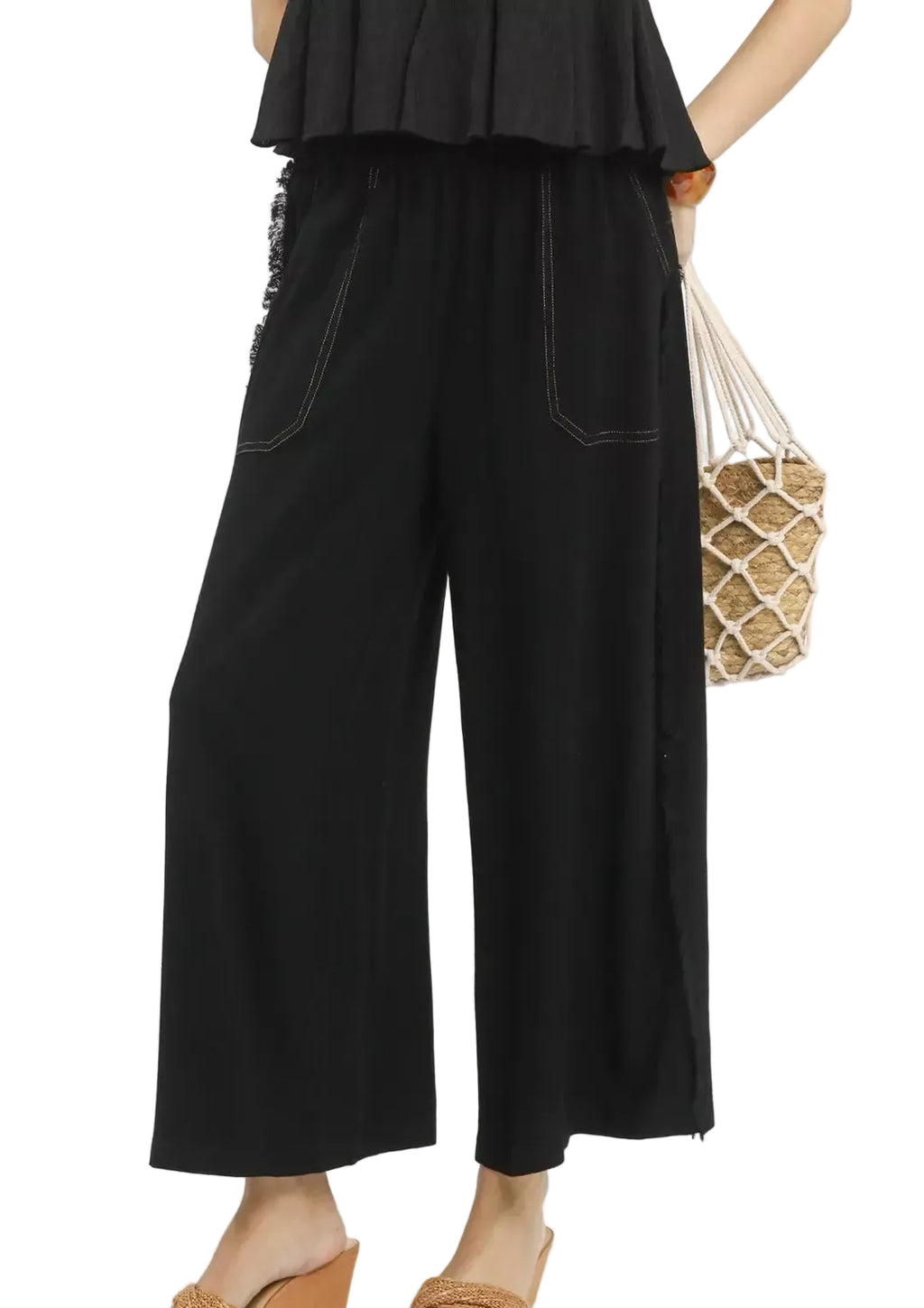 Linen Frayed Side Pocket Wide Leg Pants