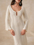 Wave Maxi Knit Dress Openwork Crochet Cutout V Neck Long Sleeve Apricot ee52b494-cf31-4d4b-baf5-cf4cc76f4993-Max-Origin Trendsi