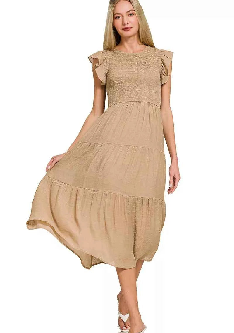 Zenana Woven Midi Dress Light Mocha Smocked Ruffle Short Sleeve LT MOCHA ee5f897e36054db581eee5a246a3a69b-Max-Origin Trendsi