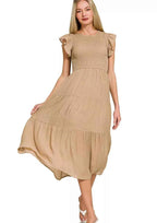 Zenana Woven Midi Dress Light Mocha Smocked Ruffle Short Sleeve LT MOCHA ee5f897e36054db581eee5a246a3a69b-Max-Origin Trendsi