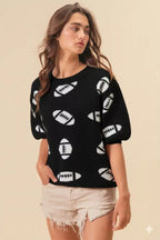BiBi Women's Football Sweater Black Ivory Pattern Short Sleeve Top BLACK IVORY ee6e42aa-932d-4a19-b724-ade78b0f5de0-Max-Origin Trendsi