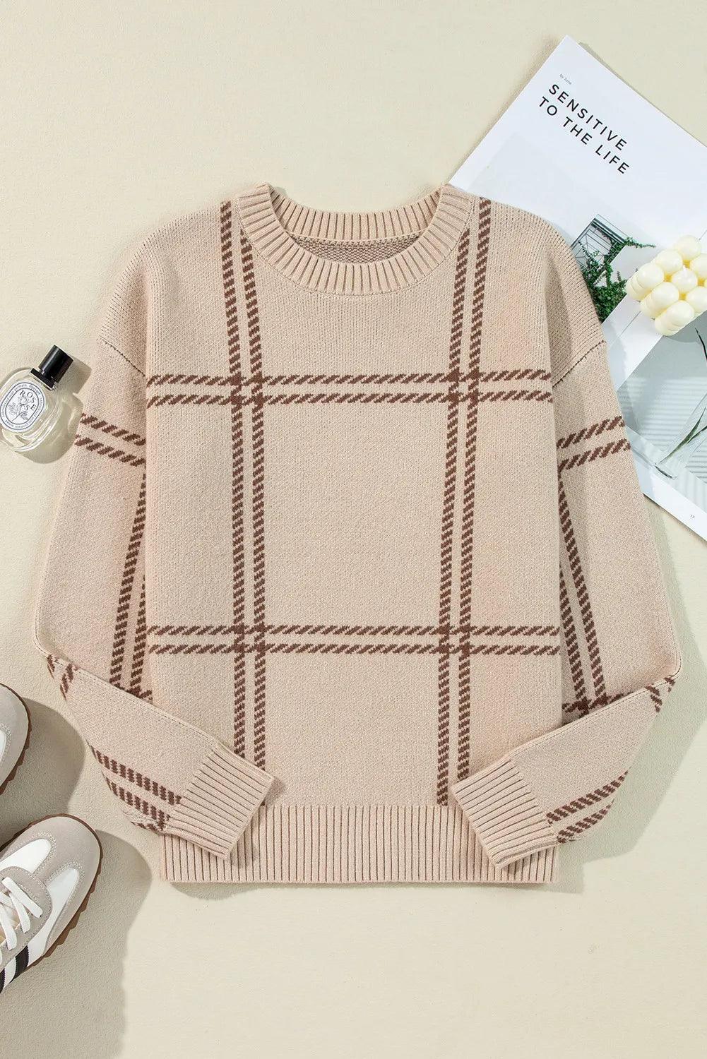 Plaid Sweater Round Neck Dropped Shoulder Long Sleeve Top ee7b9295-337d-4ea2-98f7-184e7b2627ef-Max Trendsi