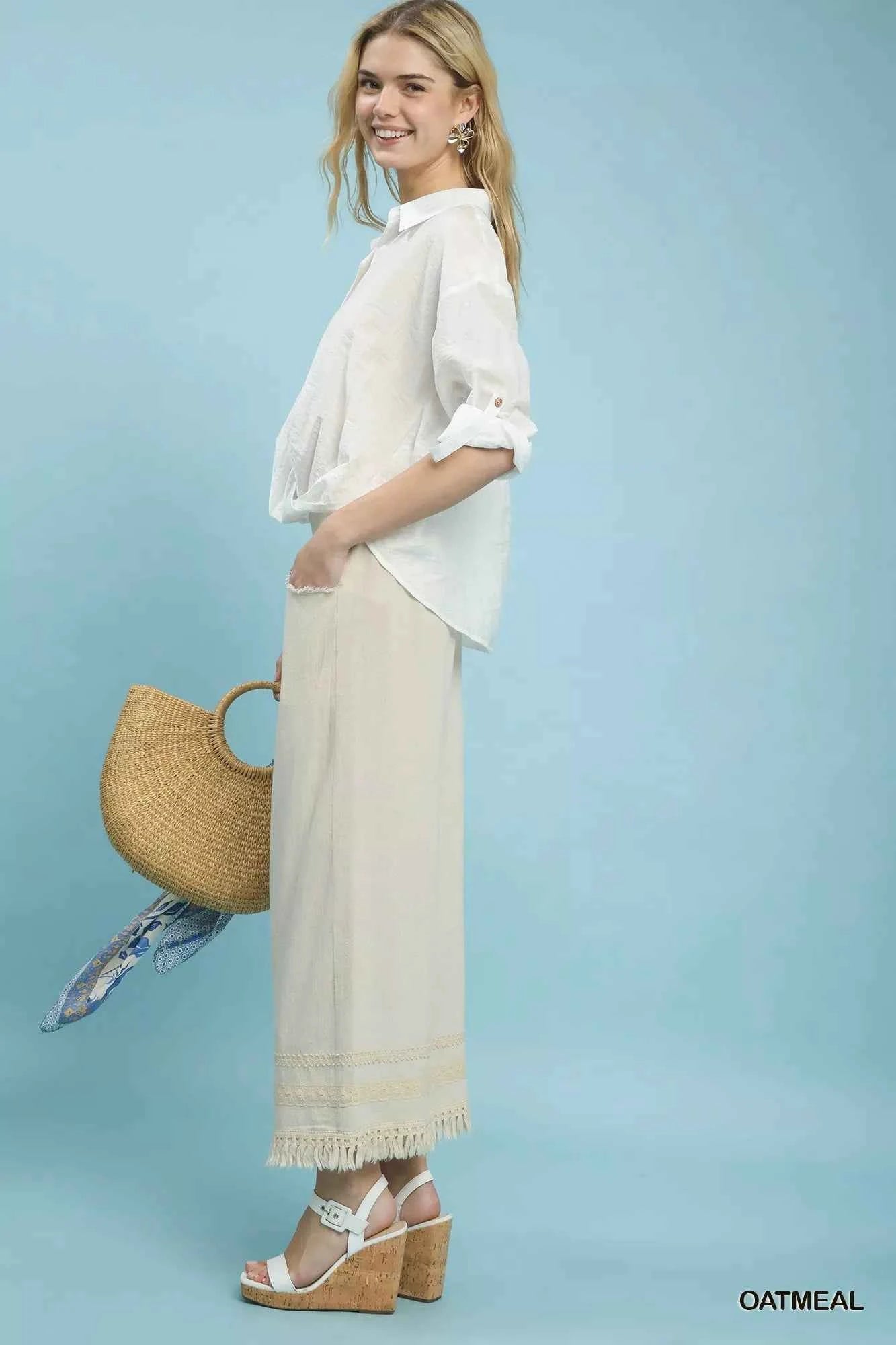 Umgee Wide Leg Linen Pants Lace Trim Fringe Hem Elastic Waist ee82b3fb-930a-41c1-8b5e-59cf5d26f0ff-Max-Origin Trendsi