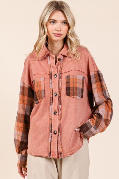 Mittoshop Shirt Button Down Contrast Plaid Patchwork Shacket Long Sleeve ee845cb1-3d3a-4160-9b44-fa2a7581f5cd-Min Trendsi