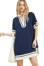 Umgee Navy Blue Linen and Rayon Mini Dress with V-Neck and Contrasting Trim
