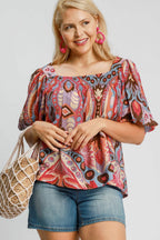Umgee Women Viscose Blouse Abstract Pink Smocked Square Neck Puff Sleeve ee8f3457-7ac2-434b-9b6c-9f3c4e61e257-Max Trendsi