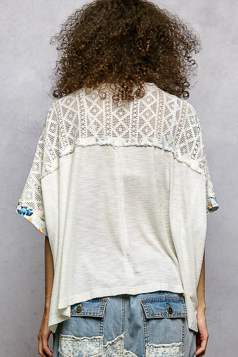 POL Floral Blouse Ivory Patchwork Lace Accent Short Sleeve Top ee9b4251-aa05-4b65-aca0-63737527ad1b-Max-Origin Trendsi
