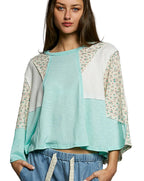 POL Exposed Seam Floral Patchwork Round Neck Textured Slub Knit Top