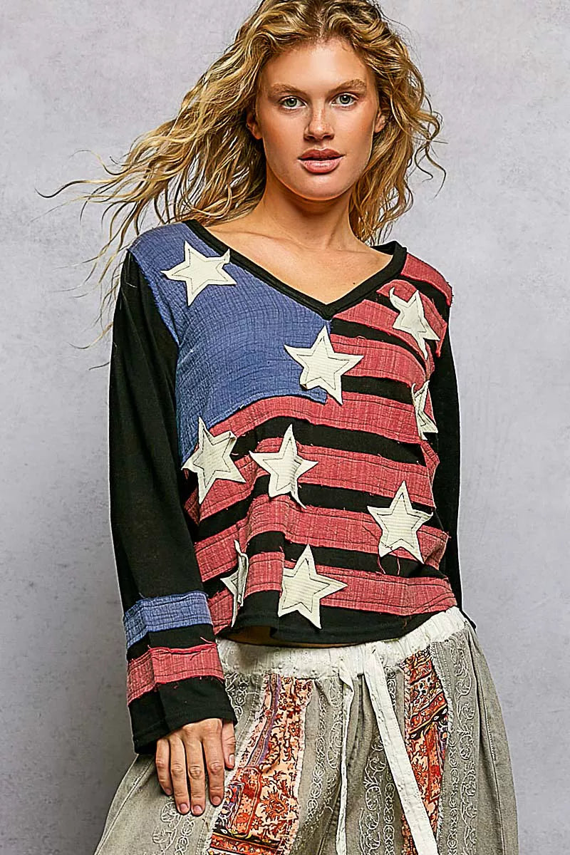 POL Double Gauze American Flag Patch V-Neck Long Sleeve T-Shirt BLACK MULTI eea2c541-3d0f-4f4d-9aa5-ad7825bb5f43-Max-Origin Trendsi