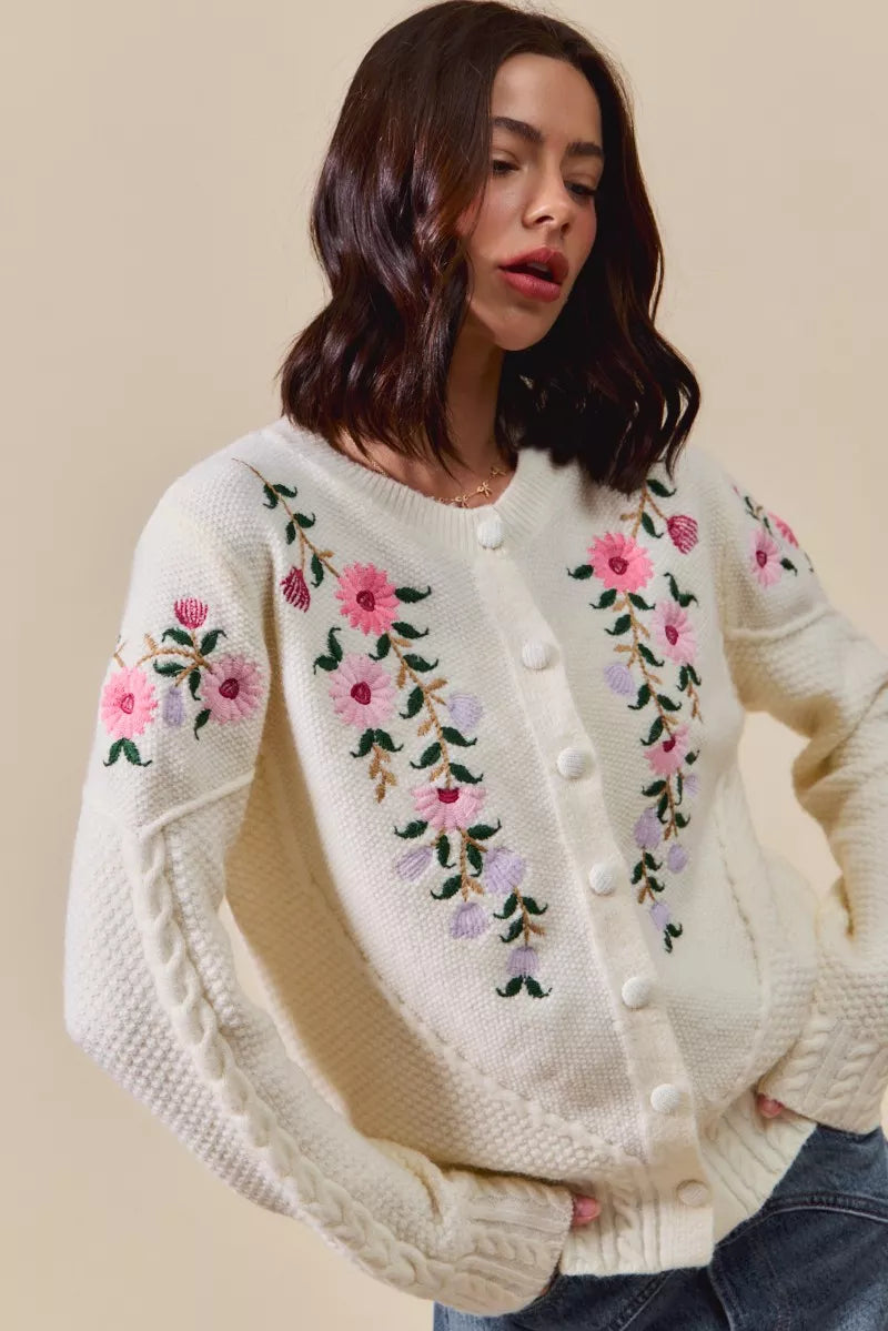 SO ME Women's Sweater Cardigan Floral Embroidered Coquette Ivory Cable-Knit eea536d2a9414c8babc388a15d827d32-Max-Origin Trendsi