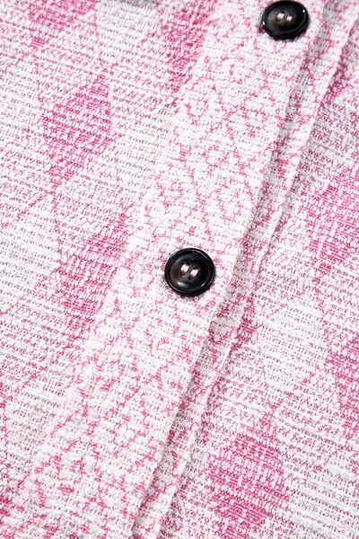 Women's Shacket Pink Geometric Print Textured Flap Pockets Long Sleeve Outwear eea9e48e-b4f7-40f7-97f4-7828f15788ea-Min Trendsi