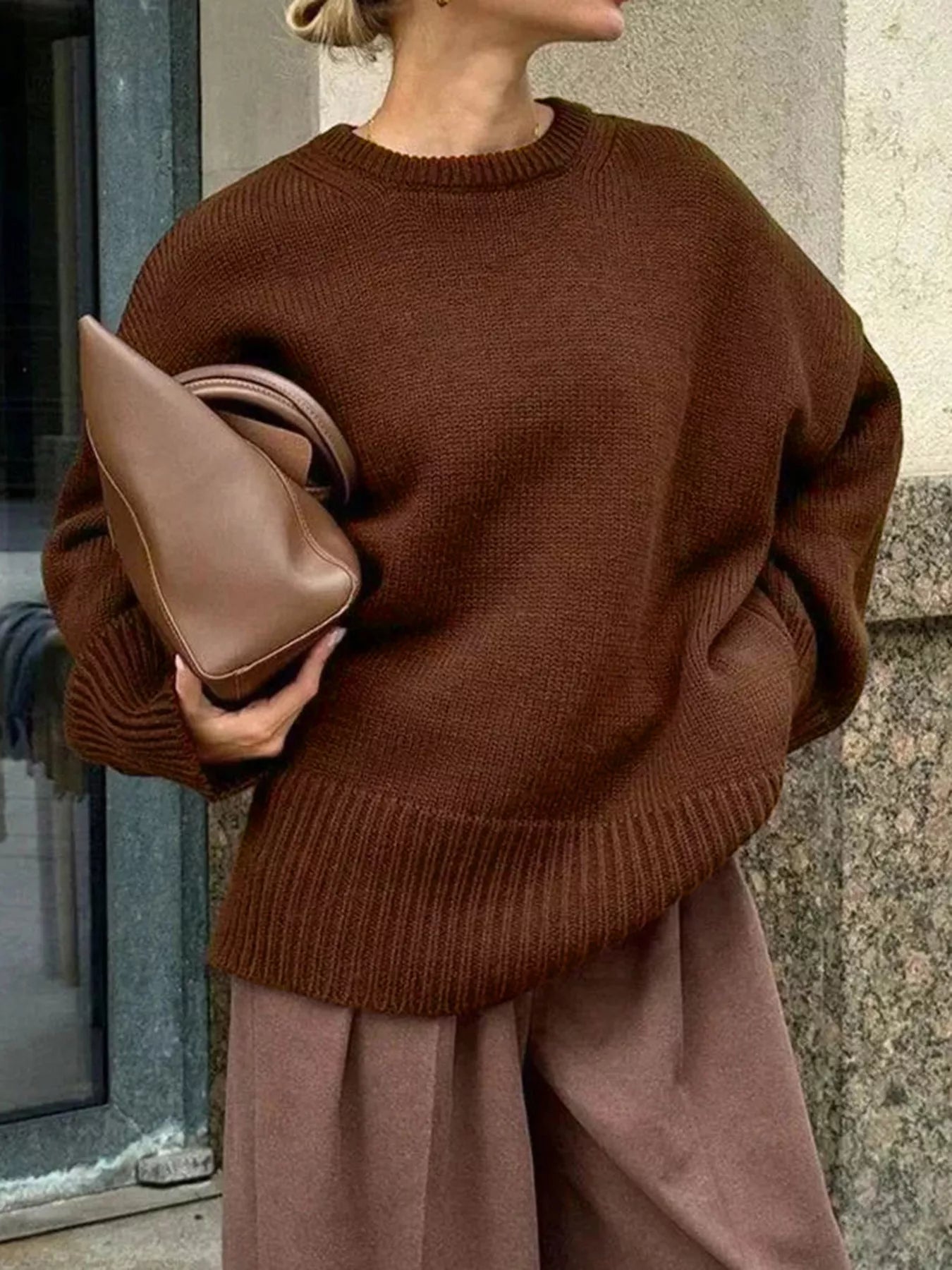 Women's Oversized Sweater Brown Round Neck Ribbed Hem Pullover eeb47f91-c5eb-4191-946b-520155acfc37-Max-Origin Trendsi