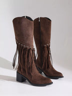 Women's Boots Suede Tasseled Fringe Point Toe Block High Heels Shoes eeb6078c-d420-4445-a653-c3c0ebe37b2c-Max-Origin Trendsi
