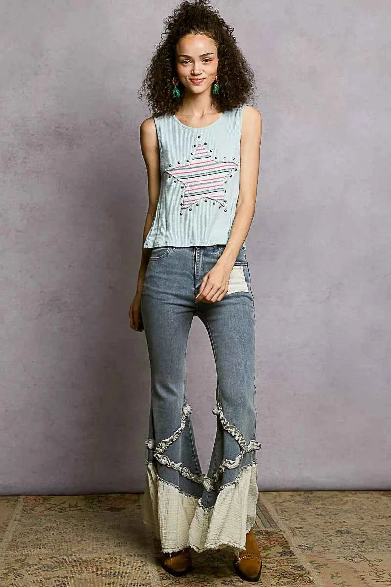 POL Round Neck Stud Point Ribbed Tank with Stripped Star Patch