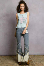 POL Round Neck Stud Point Ribbed Tank with Stripped Star Patch