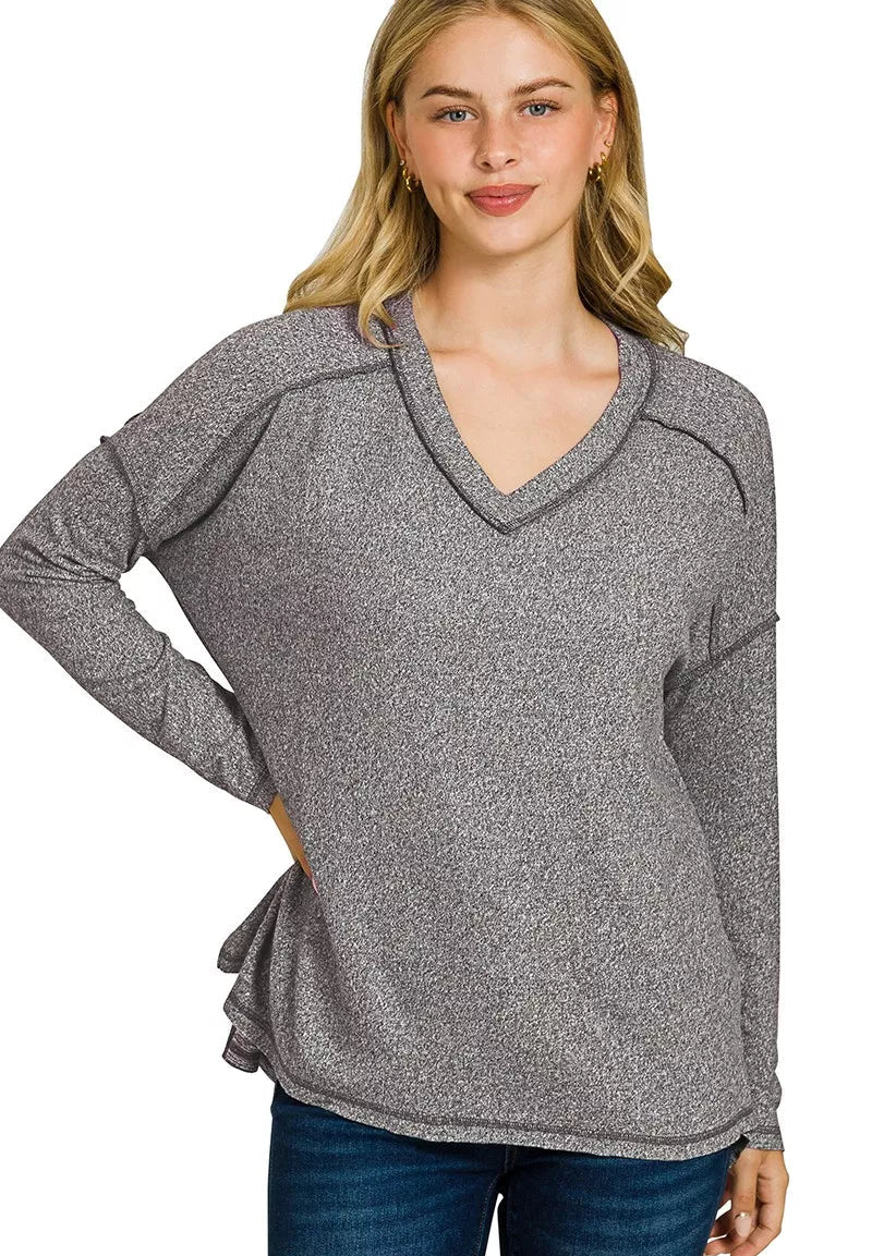 Zenana Soft Melange Hacci Exposed Seam Hi-low Tee