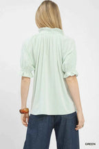 Umgee Blouse Textured Light Green Ruffle Short Sleeve V-Neck Top eeca9452-da69-4987-a470-56ff315e67da-Max-Origin Trendsi
