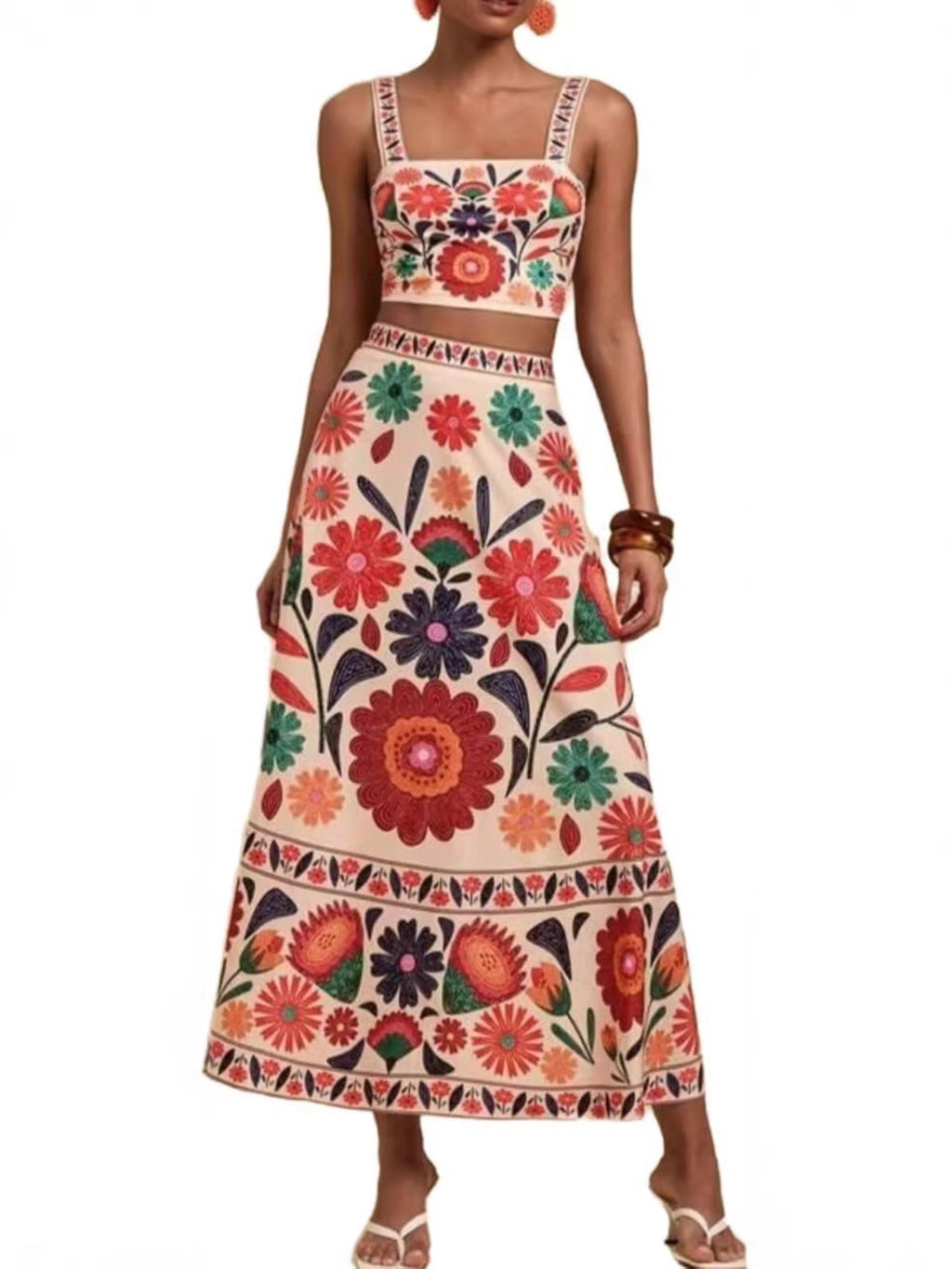 Women's Floral Print Crop Top and Matching Skirt Set – Two-Piece Polyester Outfit