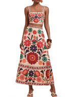 Women's Floral Print Crop Top and Matching Skirt Set – Two-Piece Polyester Outfit