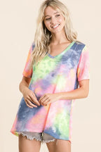 BiBi Tie Dye Print Womens T-shirt Low Gauge Deep U Neck Top eed47e08cc944e5991f85c4fe8a2caae-Max-Origin Trendsi