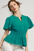 Umgee Cotton Blouse Turquoise Scalloped Edge Flutter Sleeve Smocked Turquoise eed50c35-dd52-4ce3-b2fd-d7f42386df1b-Max-Origin Trendsi