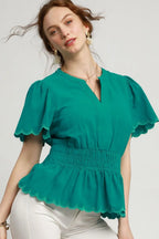 Umgee Cotton Blouse Turquoise Scalloped Edge Flutter Sleeve Smocked Turquoise eed50c35-dd52-4ce3-b2fd-d7f42386df1b-Max-Origin Trendsi