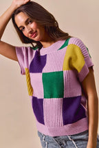 SO ME Casual Sweater Top Women Mardi Gras Check Plaid Short Sleeve Top eed9a99aea434659915bfb940e933562-Max-Origin Trendsi