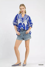 Umgee Blouse Folk Art Palm Print Ocean Blue Puff Short Sleeve Top eeee0c5a-e21d-45e4-84f6-b7f9bb760110-Max-Origin Trendsi