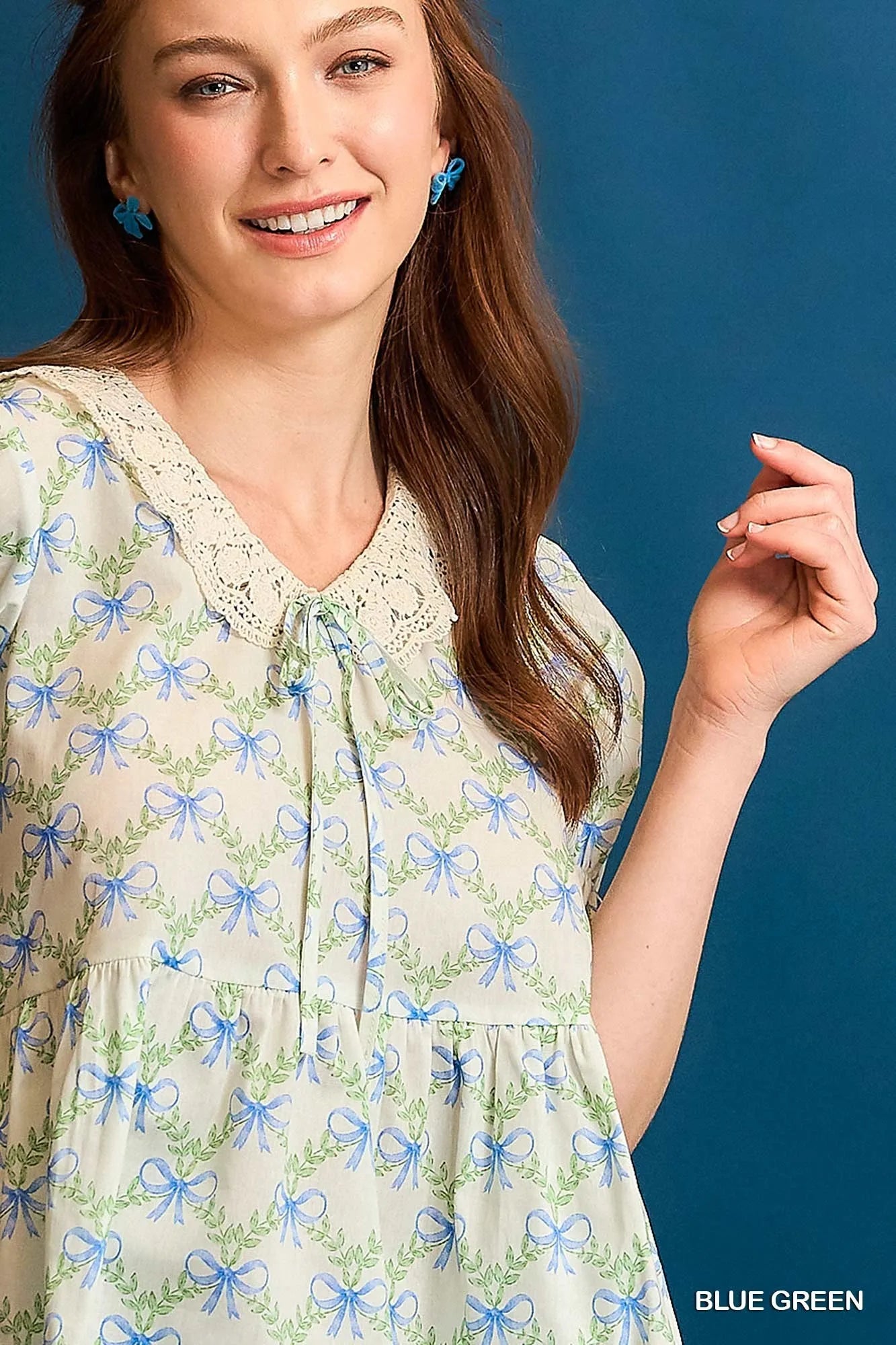 Umgee Blouse Bow Blue Floral Print Lace Detail Flounce Short Sleeve Top eefeeb93-6191-4cff-8e57-24a5852620ea-Max-Origin Trendsi