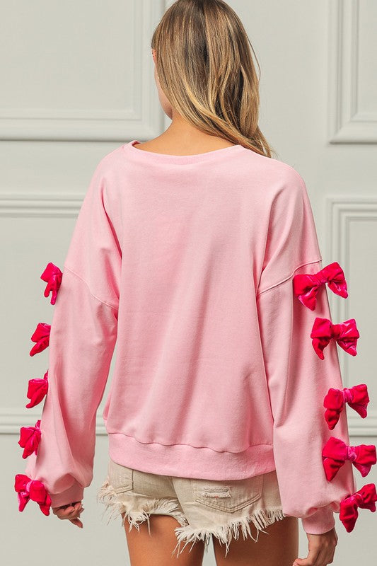 BiBi Velvet Sweatshirt Women Ribbon Bows Long Sleeve Round Neck