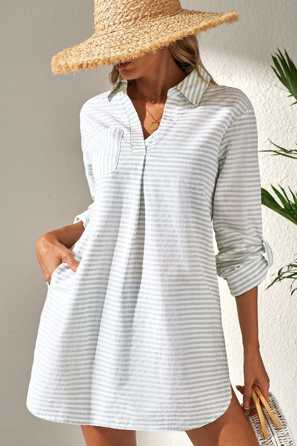 Mini Shirt Dress Striped Johnny Collar Long Sleeve Cotton Pocket Dresses Stripe ef0353eb-1994-47e0-8e11-7dda45804438-Max Trendsi