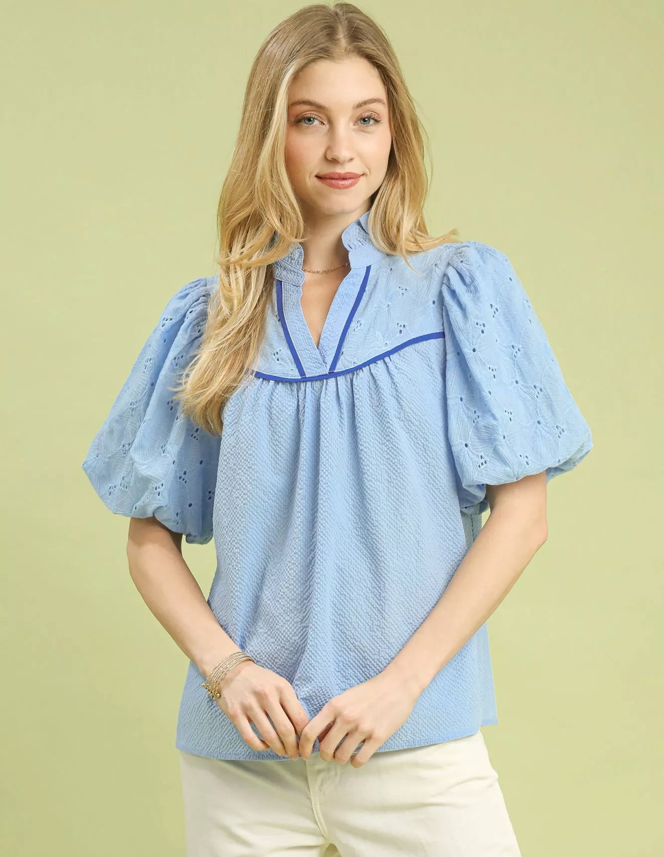 Umgee Blouse Sky Blue Eyelet Mix Top Puff Short Sleeve with Contrast Piping SKY ef0eab1e-2d1a-4542-9f4d-d95474eff342-Max-Origin Trendsi