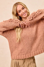 BiBi Womens Sweater Chunky Knit with Flower Detail Sleeves Peach ef127069e49a4965b030d21d752c4ad4-Max-Origin Trendsi