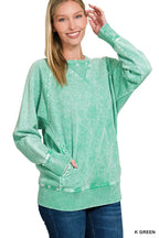 Zenana Sweatshirt Green Halo Snow Washed French Terry Round Neck Top K GREEN ef2340652fa641cda891fe2570ad5854-Max-Origin Trendsi