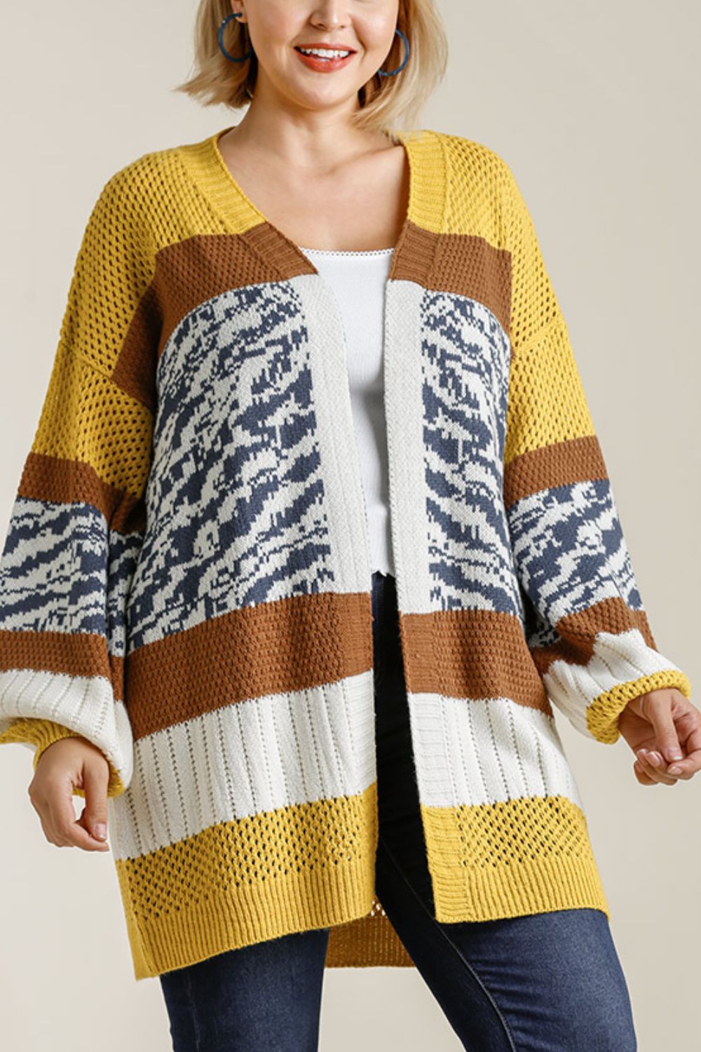 Umgee Cardigan Gold Brown Color Block Open Front Longline Knitwear ef264708-a6c1-4951-96f5-901873cc7d1e-Max Trendsi