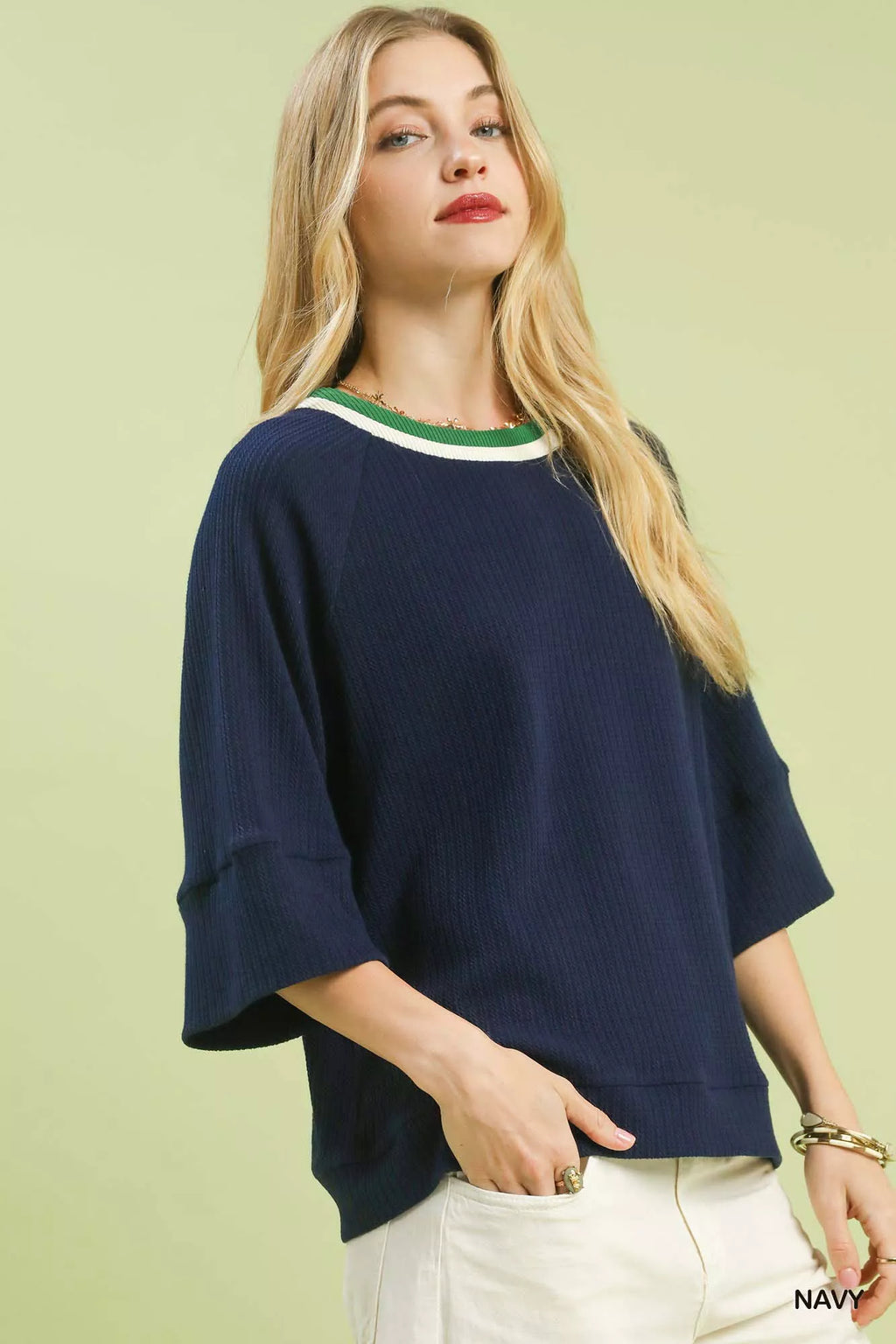 Umgee Womens Knit Top Navy Ribbed with Contrast Trim Neck ef2d1558-ab47-4649-a3a3-3899368ec5a9-Max-Origin Trendsi