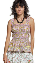 POL Smocked Printed Square Neck Peplum Tank with Ruffle Trim