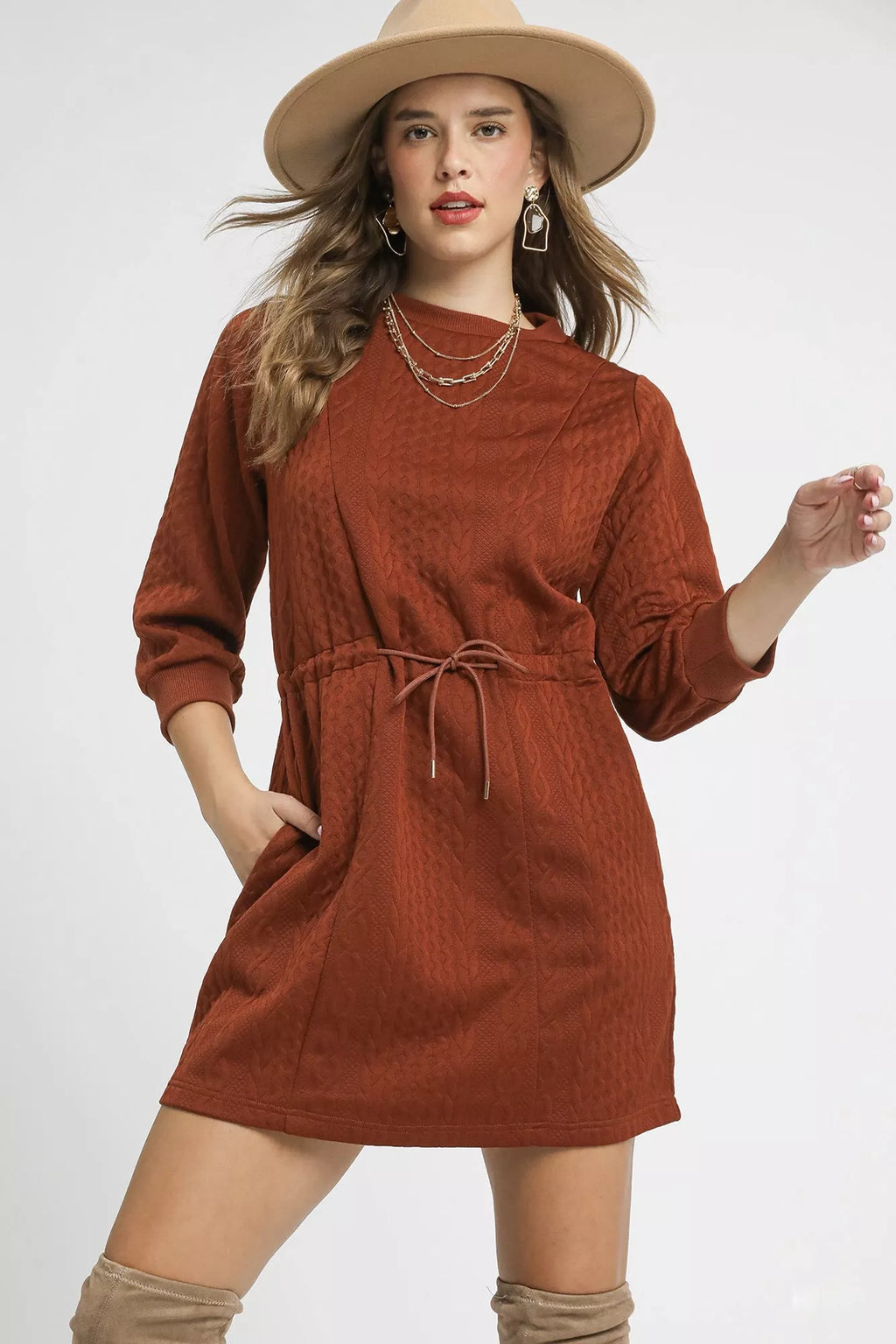 Umgee Mini Dress Cable Knit Rust Drawstring Waist Long Long with Pockets Rust ef33a123-6a20-42dc-9a50-209f13978228-Max-Origin Trendsi