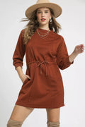 Umgee Mini Dress Cable Knit Rust Drawstring Waist Long Long with Pockets Rust ef33a123-6a20-42dc-9a50-209f13978228-Max-Origin Trendsi