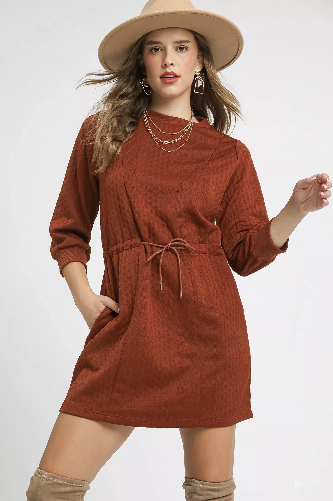 Umgee Mini Dress Cable Knit Rust Drawstring Waist Long Long with Pockets Rust ef33a123-6a20-42dc-9a50-209f13978228-Max-Origin Trendsi
