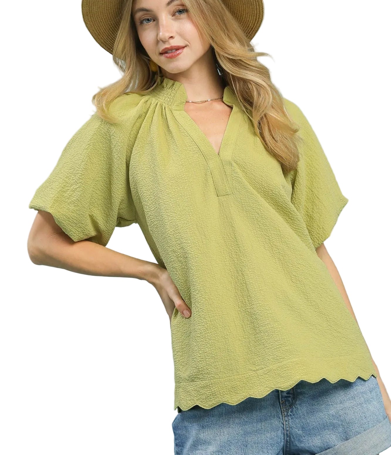 Umgee Scalloped Hem Textured Blouse