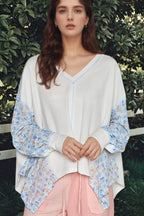 Women Blouse White Floral Blue High-Low V-Neck Long Sleeve Cotton Blend Top ef3dfa20-7745-4dcf-acef-fa669ddc0b0f-Max Trendsi