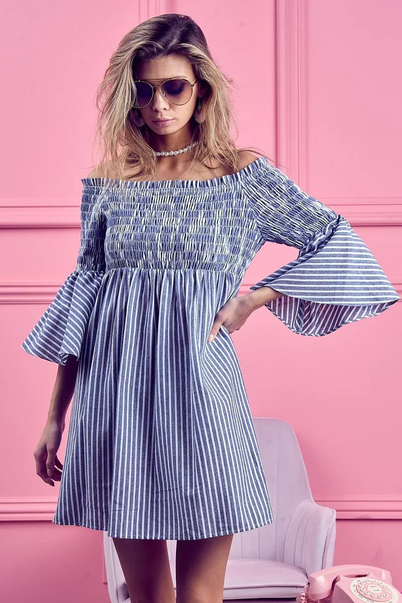 BiBi Short Dress Off Shoulder Denim Blue Striped Smocked Ruffled ef48e105fcfd48749f458d1c8dd0998c-Max-Origin Trendsi